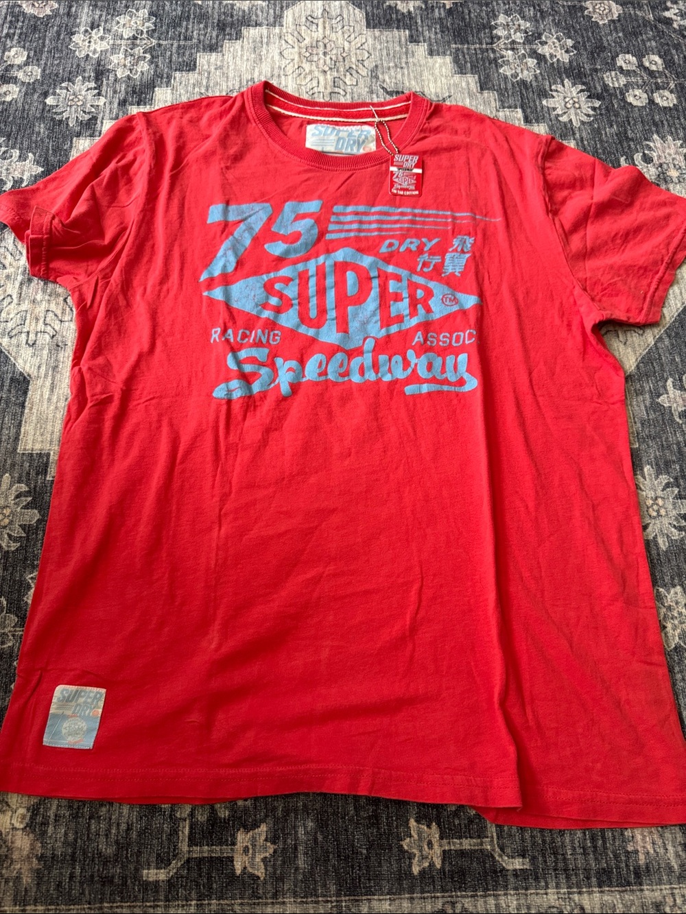 Superdry Red Short Sleeve Speedway Graphic Tee with Light Blue Print